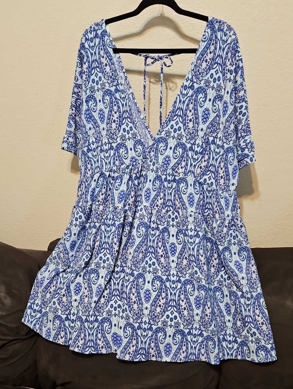Simply Southern White and Blue Paisley Midi Dress with V-Neck Tie